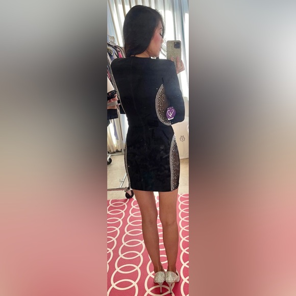 Windsor Black Rhinestones Deep V-Neck Sheer Mesh Side Cut Outs Blazer Mini Dress - Picture 8 of 15
